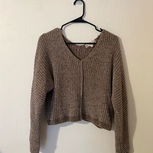 Pink Rose Cozy Brown V-Neck Sweater